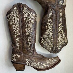 Coral Vintage Women Leather Cowboy Boots Crater Snip toe with embroidery size 9.
